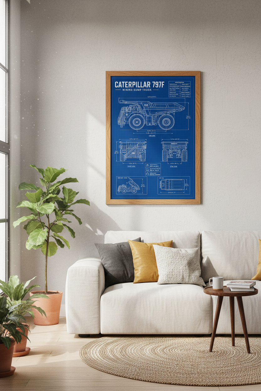 Caterpillar 797F Truck Blueprint Art | Industrial Blue Decor | Heavy Machinery Poster