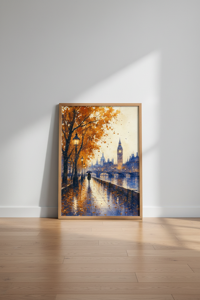 London Big Ben Watercolor Wall Art | Autumn Cityscape Print, Rainy London Decor