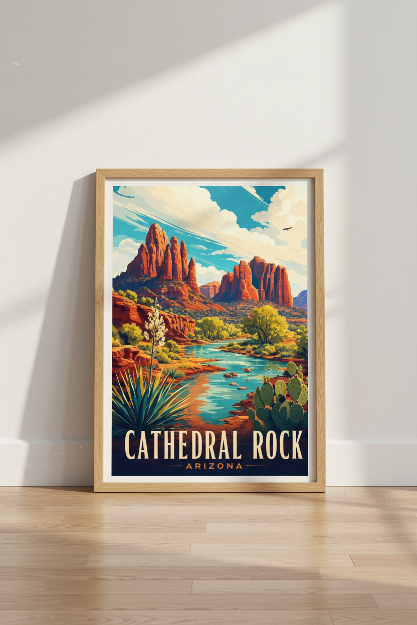 Cathedral Rock Arizona Art | Sedona Travel Poster, Desert Landscape Wall Decor