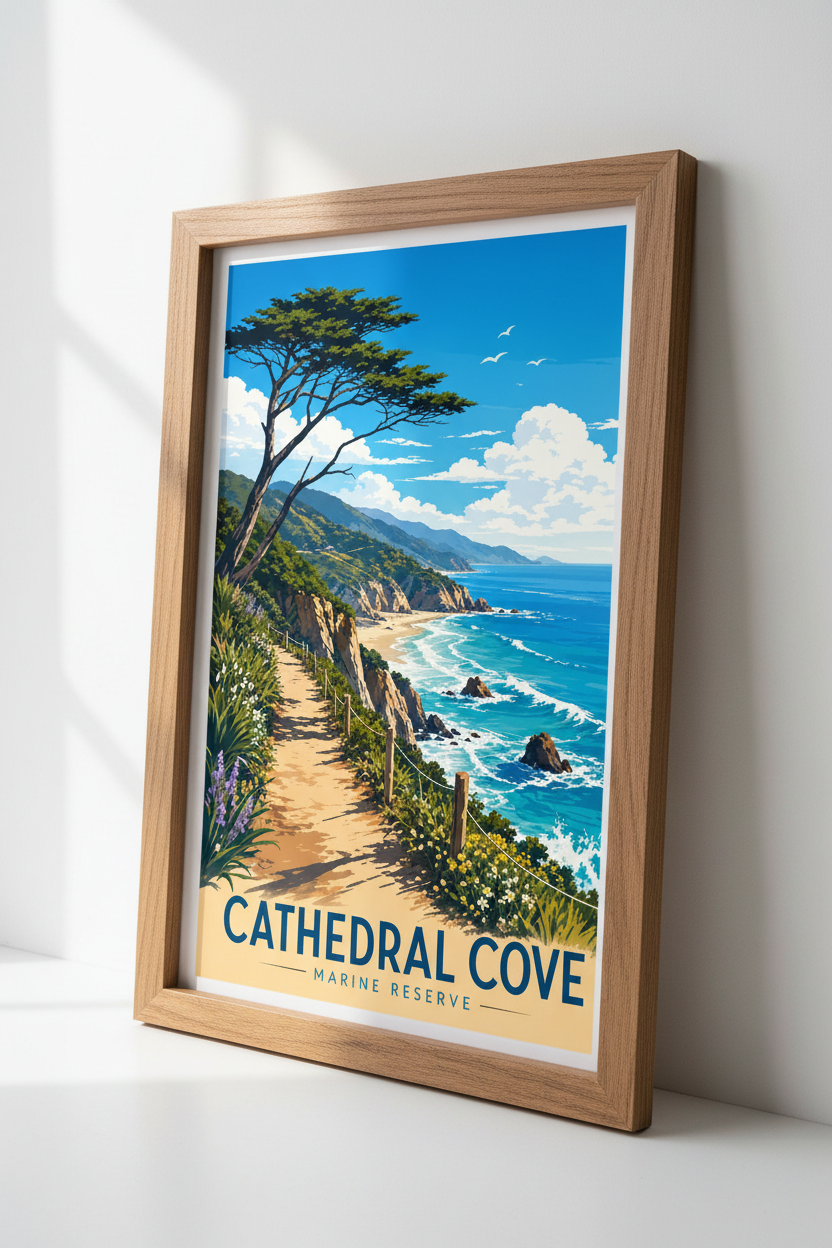 Cathedral Cove Wall Art | Vintage Travel Poster, Coastal Landscape Print