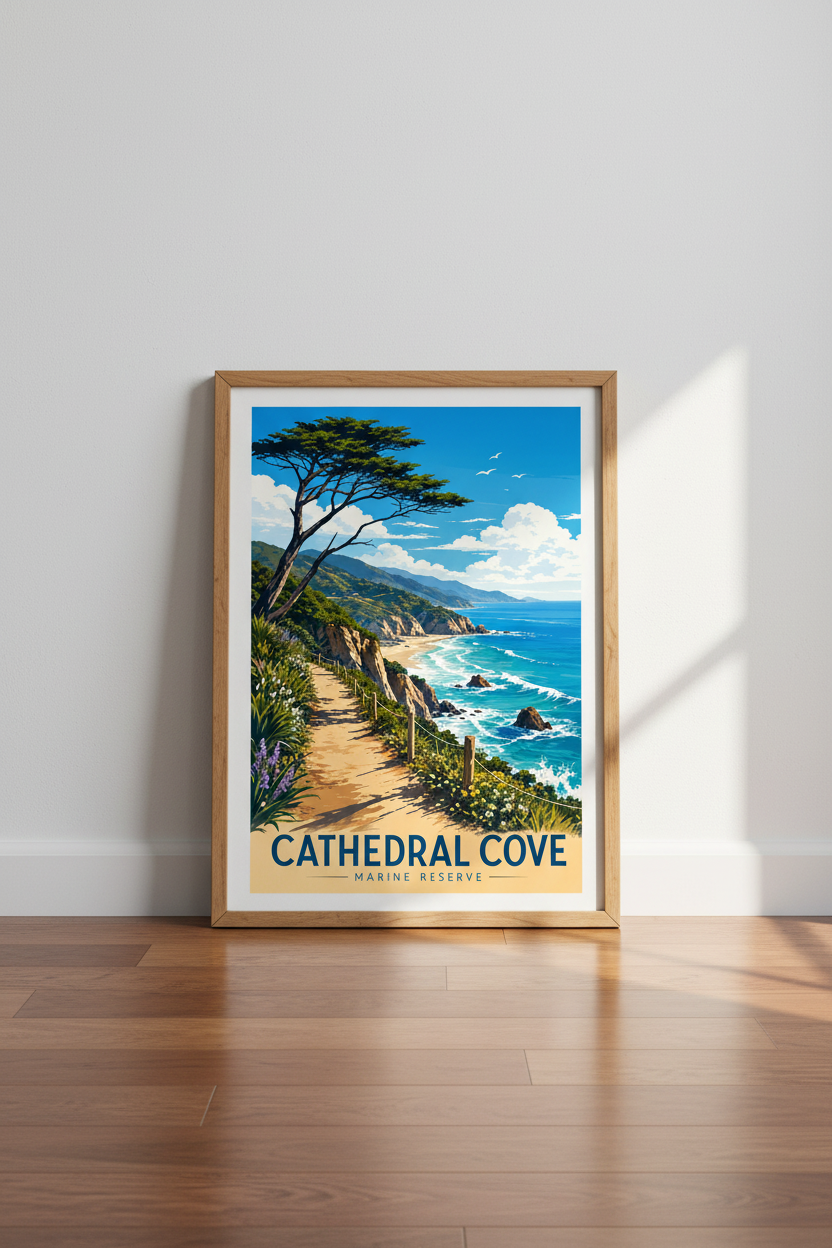 Cathedral Cove Wall Art | Vintage Travel Poster, Coastal Landscape Print