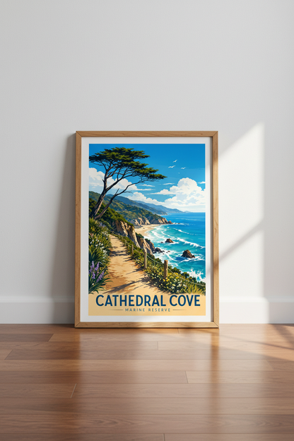 Cathedral Cove Wall Art | Vintage Travel Poster, Coastal Landscape Print