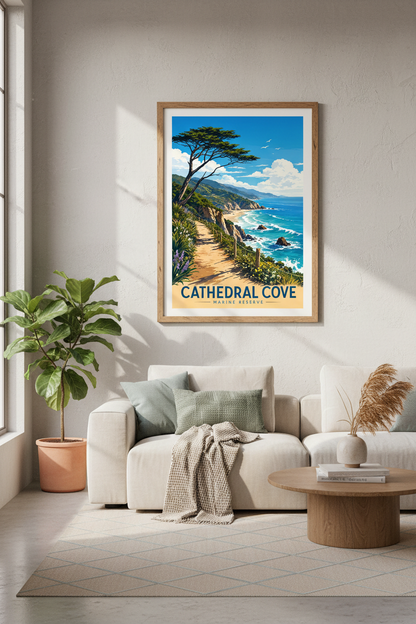 Cathedral Cove Wall Art | Vintage Travel Poster, Coastal Landscape Print