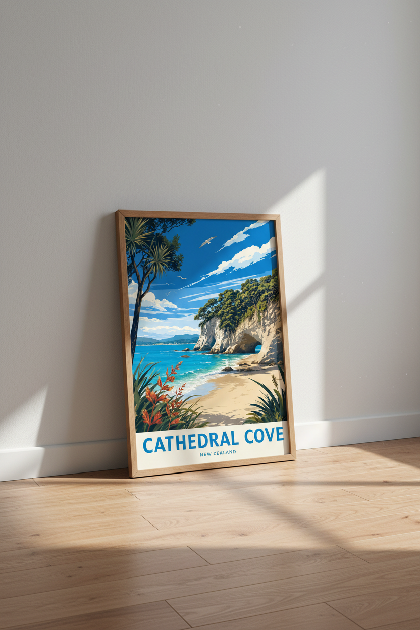 Cathedral Cove New Zealand Art Print | Coastal Travel Poster | Vibrant Beach Wall Decor