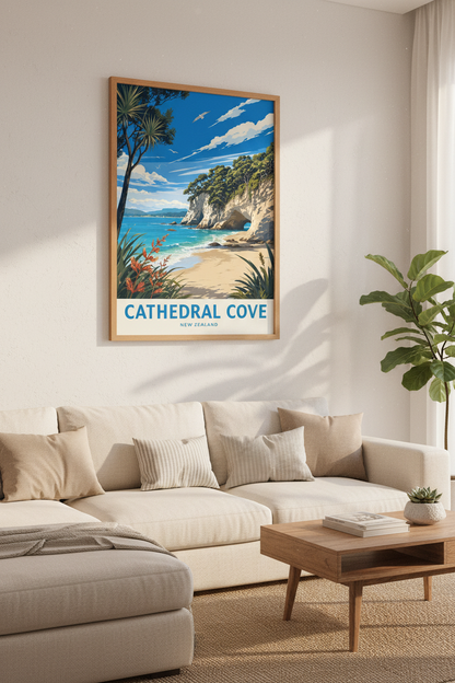 Cathedral Cove New Zealand Art Print | Coastal Travel Poster | Vibrant Beach Wall Decor