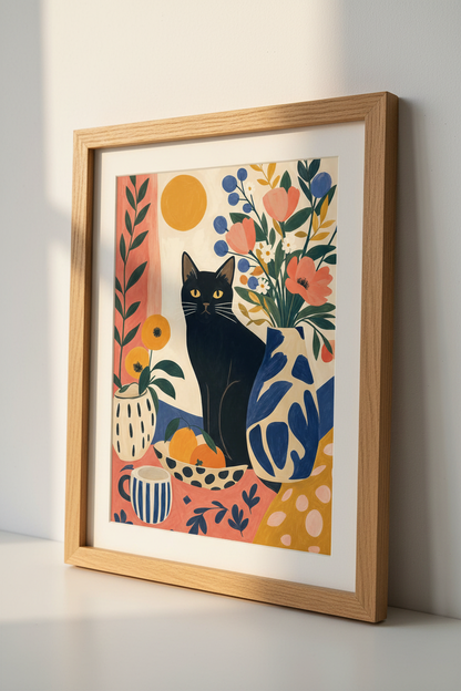 Black Cat &amp; Flowers Still Life | Boho Folk Art Print, Vibrant Kitchen Wall Decor