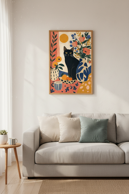 Black Cat &amp; Flowers Still Life | Boho Folk Art Print, Vibrant Kitchen Wall Decor