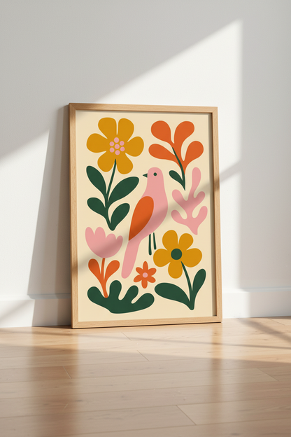 Mid Century Bird Floral Wall Art Print | Boho Nursery Decor | Retro Aesthetic Poster