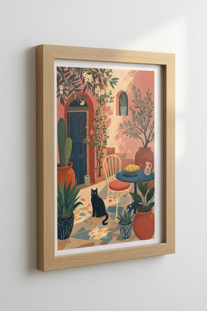 Mediterranean Black Cat Wall Art | Terracotta Courtyard Print | Boho Kitchen Decor