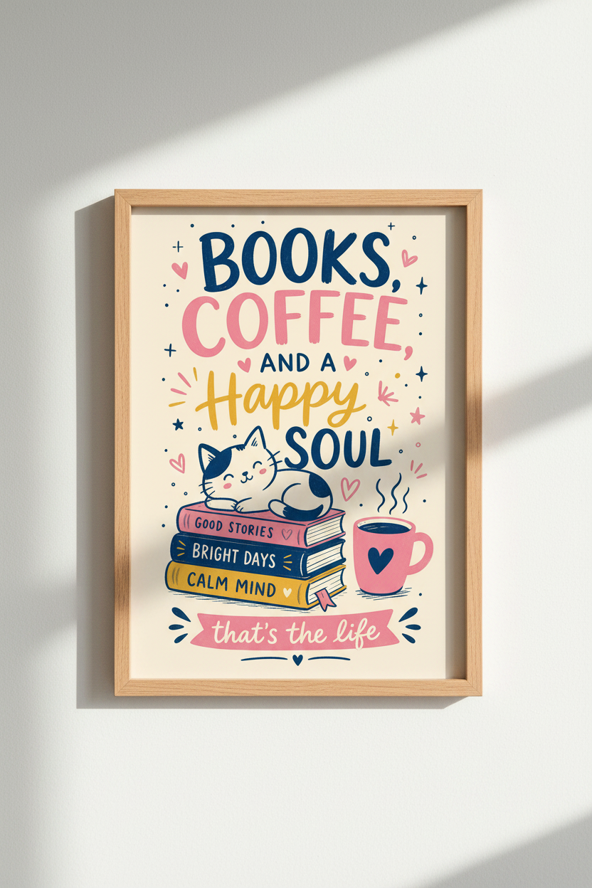Books and Coffee Wall Art Print | Reading Nook Decor | Whimsical Cat Poster