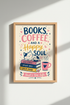 Books and Coffee Wall Art Print | Reading Nook Decor | Whimsical Cat Poster