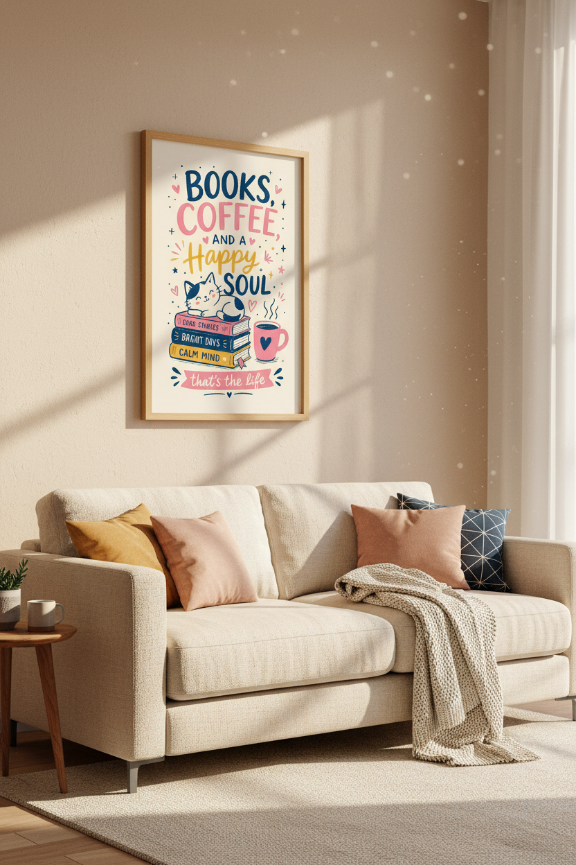 Books and Coffee Wall Art Print | Reading Nook Decor | Whimsical Cat Poster