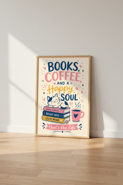 Books and Coffee Wall Art Print | Reading Nook Decor | Whimsical Cat Poster