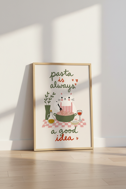 Pasta Cat Wall Art Print | Kitchen Decor | Cute Foodie Poster