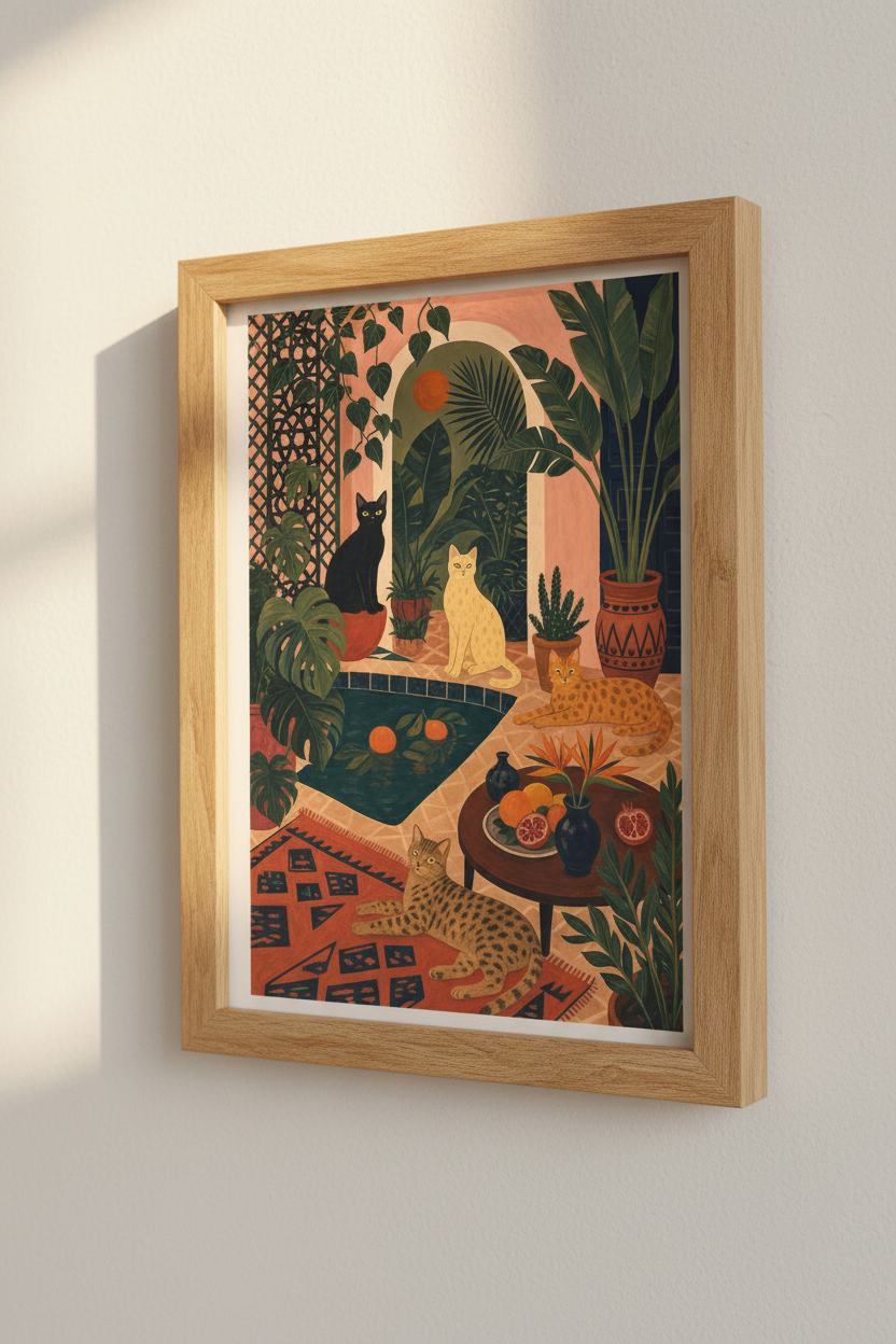 Exotic Cats Garden Wall Art | Boho Botanical Decor | Maximalist Folk Art Poster