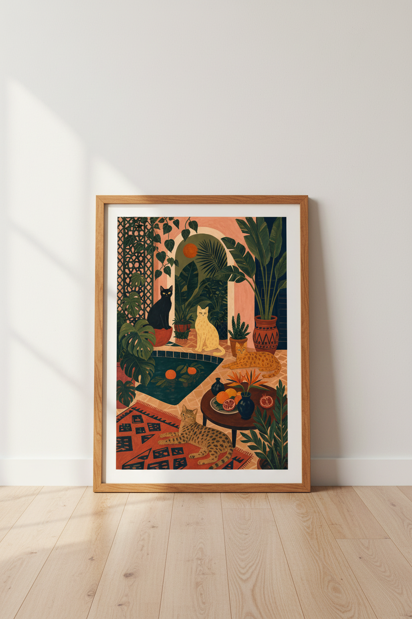 Exotic Cats Garden Wall Art | Boho Botanical Decor | Maximalist Folk Art Poster