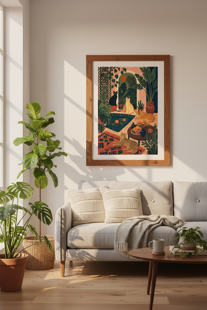 Exotic Cats Garden Wall Art | Boho Botanical Decor | Maximalist Folk Art Poster