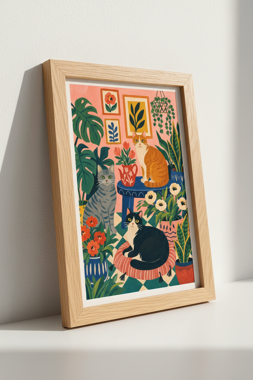 Cat and Plants Wall Art Print | Boho Maximalist Decor | Colorful Folk Art Poster