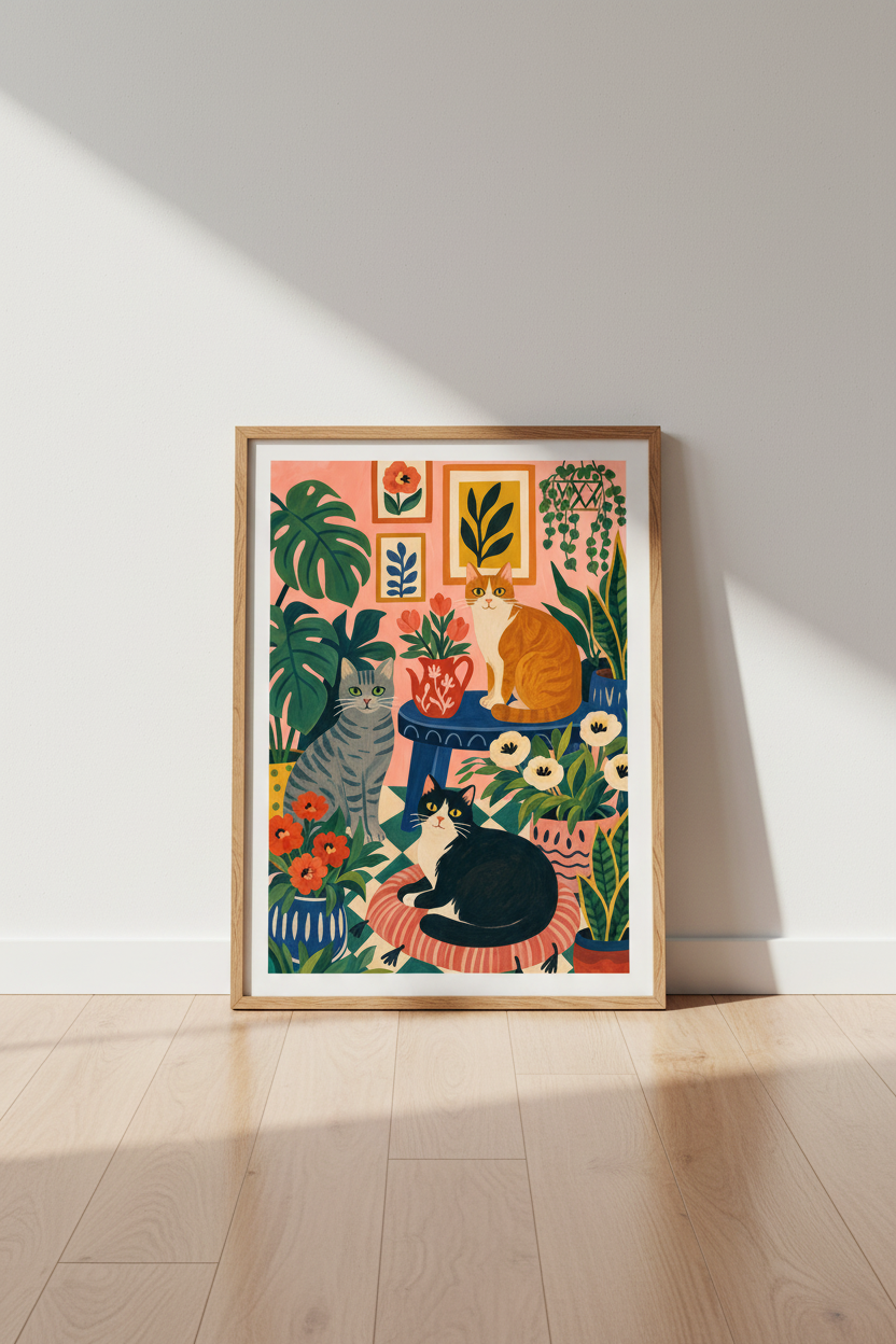 Cat and Plants Wall Art Print | Boho Maximalist Decor | Colorful Folk Art Poster