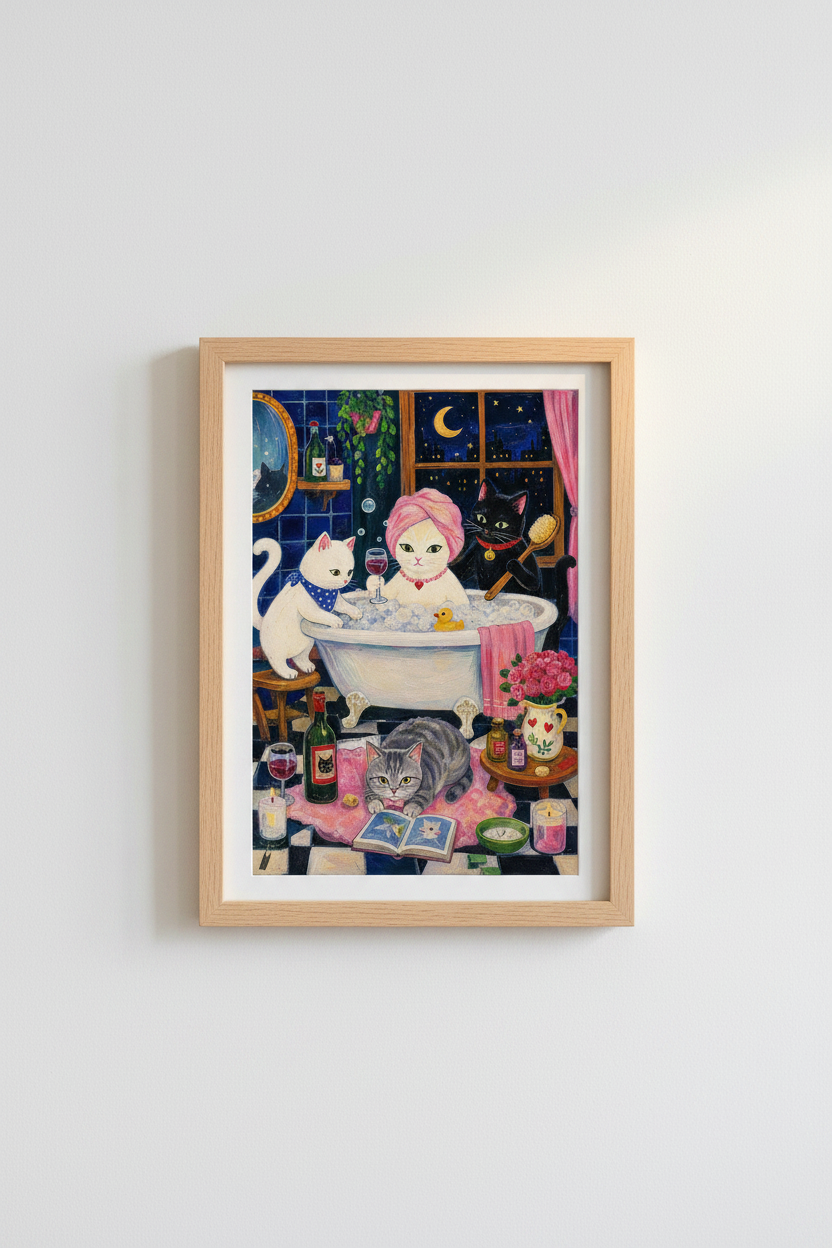 Cat Wall Art | Whimsical Bath Scene, Cozy Living Room Poster