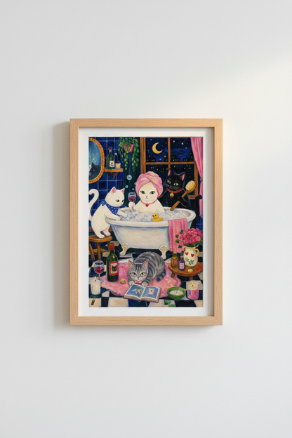 Cat Wall Art | Whimsical Bath Scene, Cozy Living Room Poster