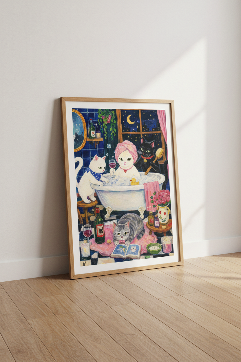 Cat Wall Art | Whimsical Bath Scene, Cozy Living Room Poster