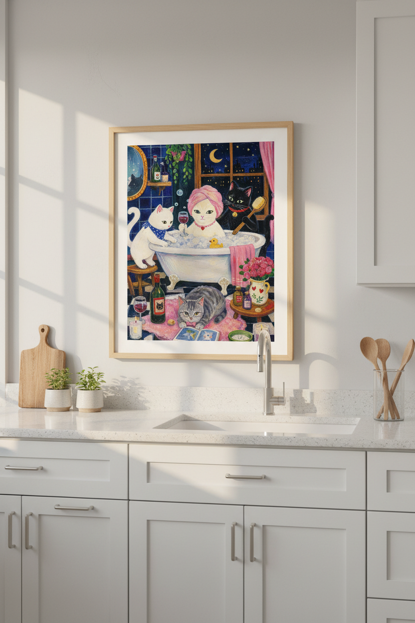 Cat Wall Art | Whimsical Bath Scene, Cozy Living Room Poster