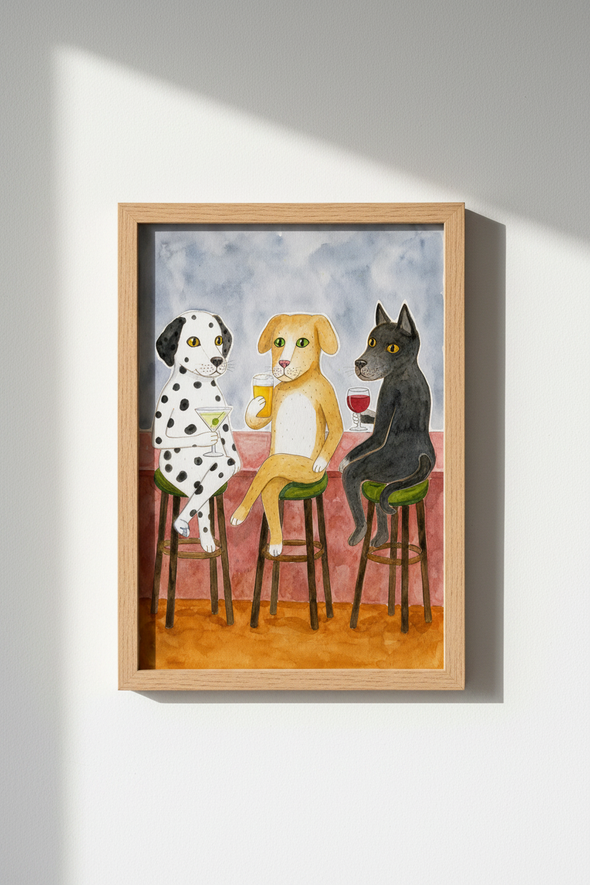 Dog wall art print | Watercolor trio at bar, cozy living decor