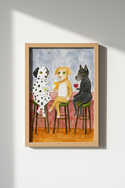 Dog wall art print | Watercolor trio at bar, cozy living decor
