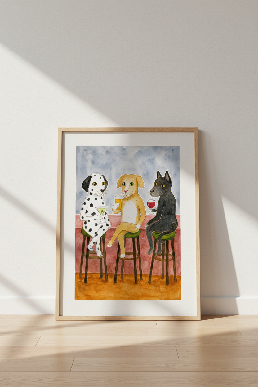 Dog wall art print | Watercolor trio at bar, cozy living decor