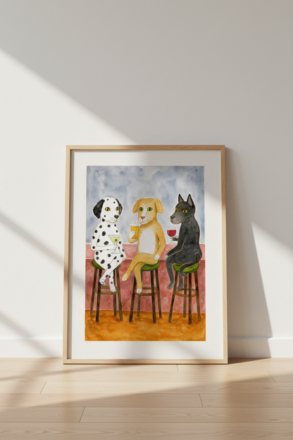 Dog wall art print | Watercolor trio at bar, cozy living decor
