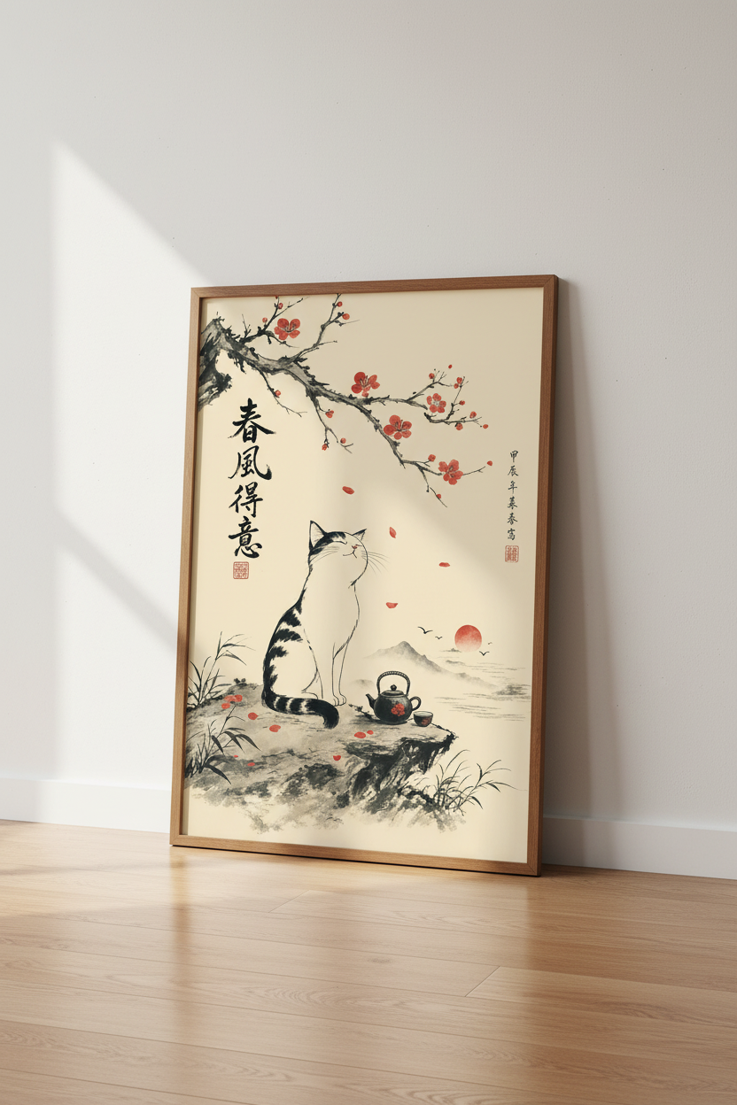 Japanese Ink Wash Cat Wall Art | Zen Tea &amp; Blossom Decor | Minimalist Sumi-e Poster