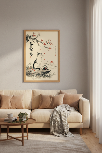 Japanese Ink Wash Cat Wall Art | Zen Tea &amp; Blossom Decor | Minimalist Sumi-e Poster
