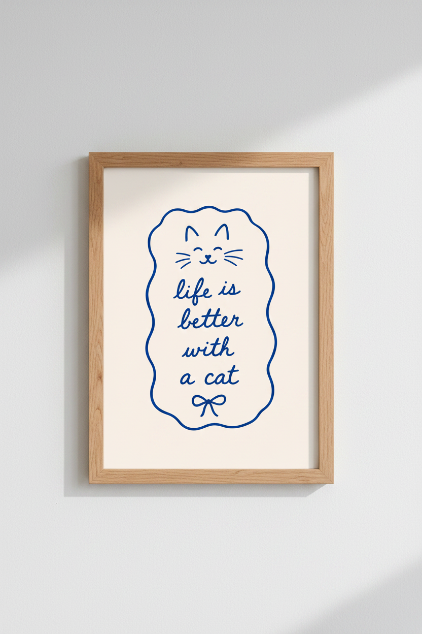 Cat Lover Wall Art | Minimalist Blue Line Drawing, Nursery Decor Aesthetic Poster