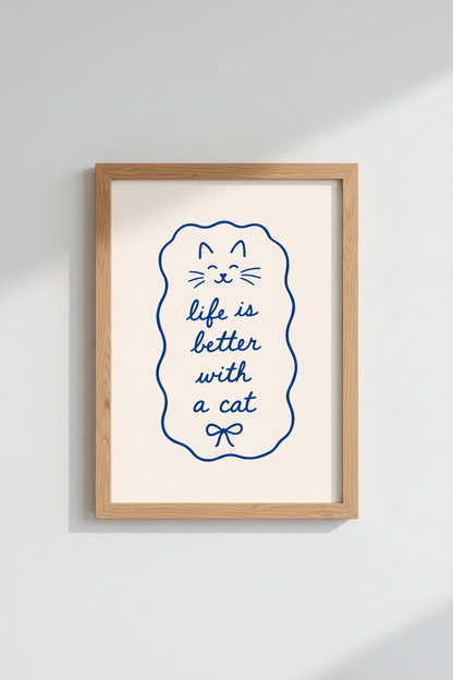 Cat Lover Wall Art | Minimalist Blue Line Drawing, Nursery Decor Aesthetic Poster