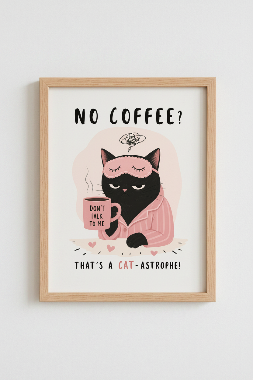 Funny Cat Poster | Grumpy Black Cat Coffee Art, Cute Relatable Kitchen Decor