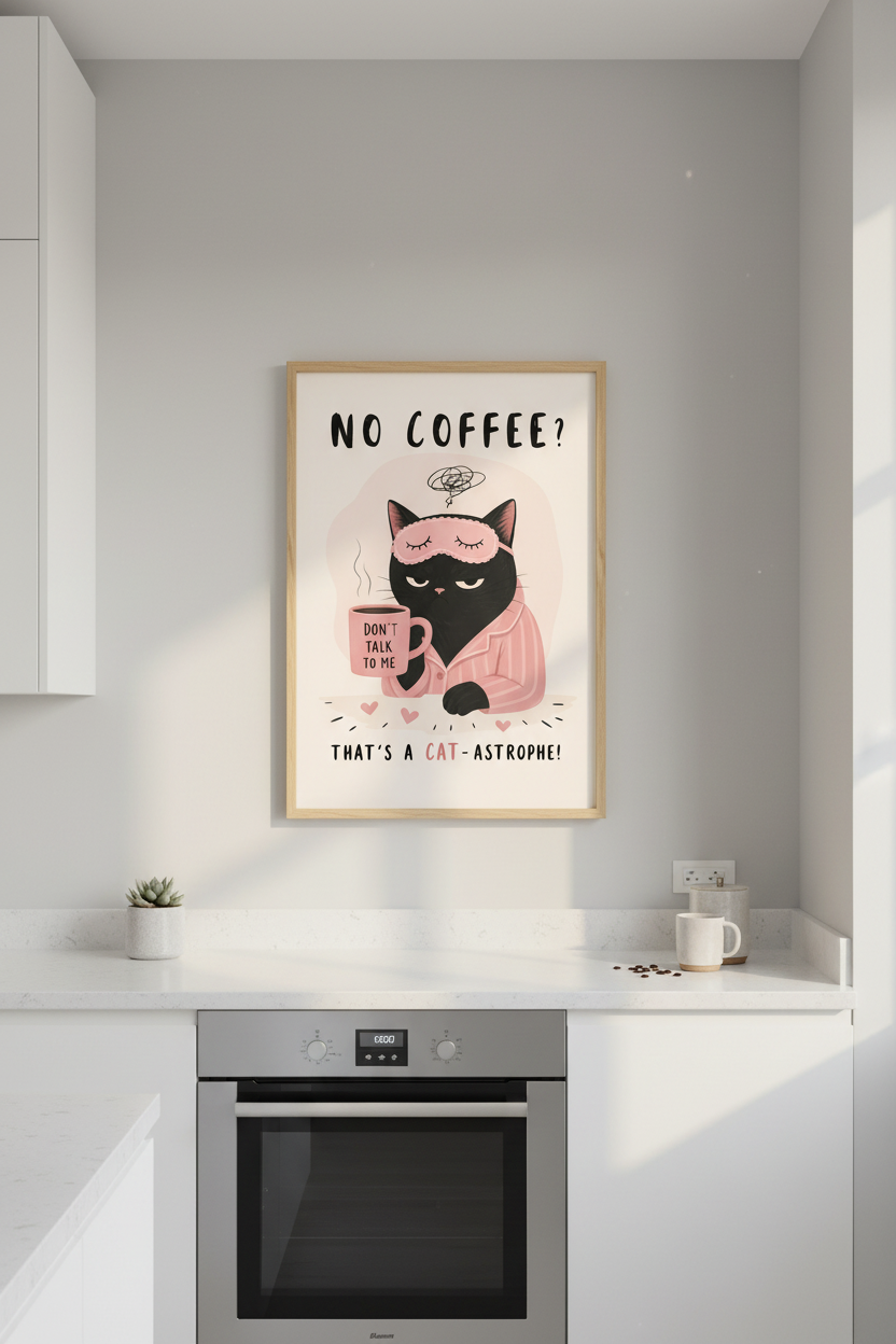 Funny Cat Poster | Grumpy Black Cat Coffee Art, Cute Relatable Kitchen Decor