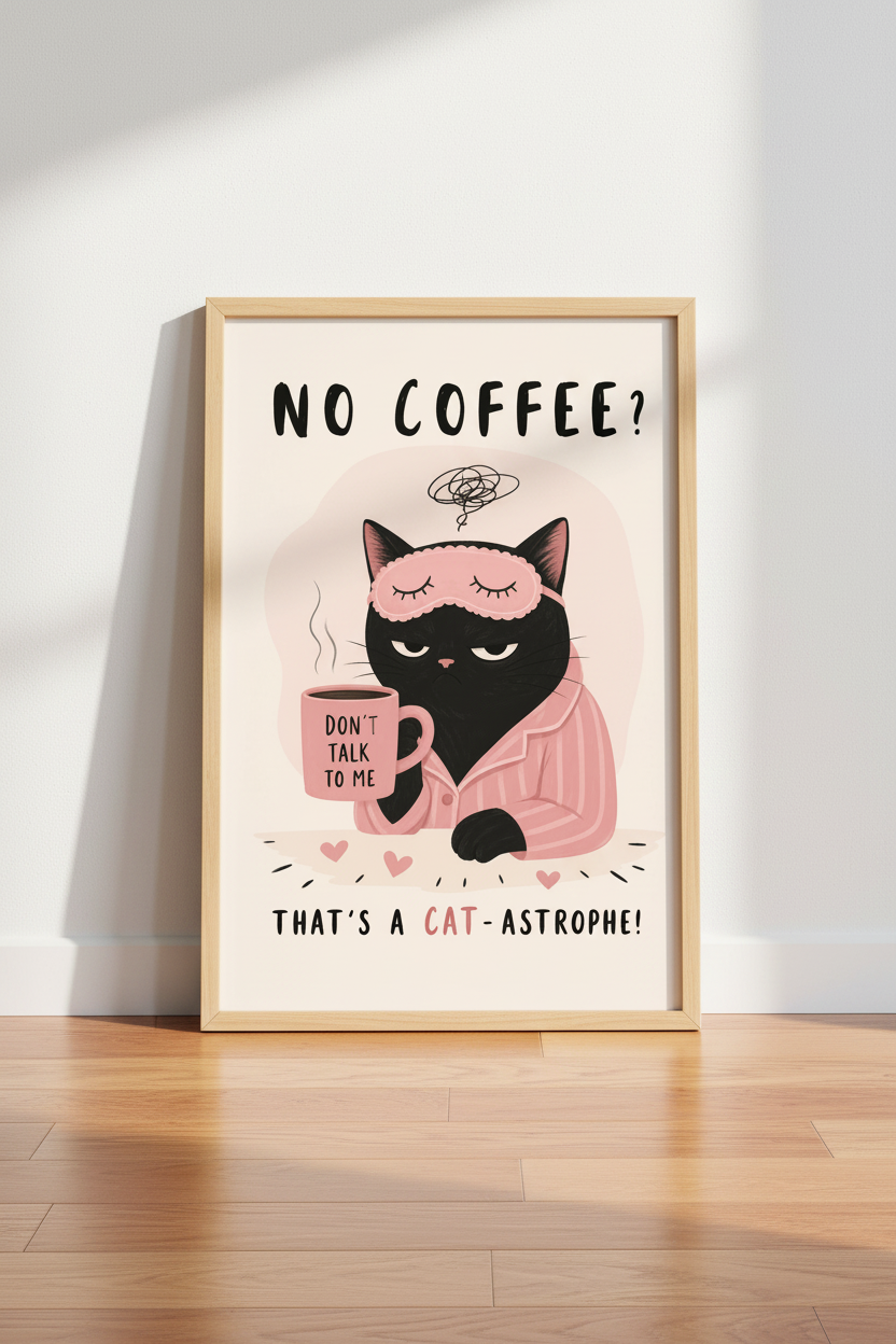 Funny Cat Poster | Grumpy Black Cat Coffee Art, Cute Relatable Kitchen Decor