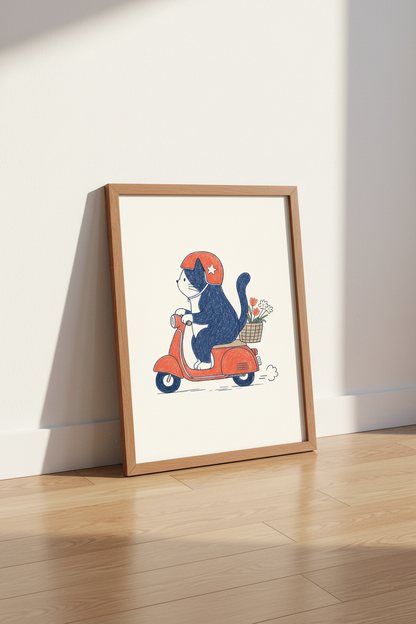 Cat on Scooter Art Print | Nursery &amp; Kids Room Decor | Cute Whimsical Poster