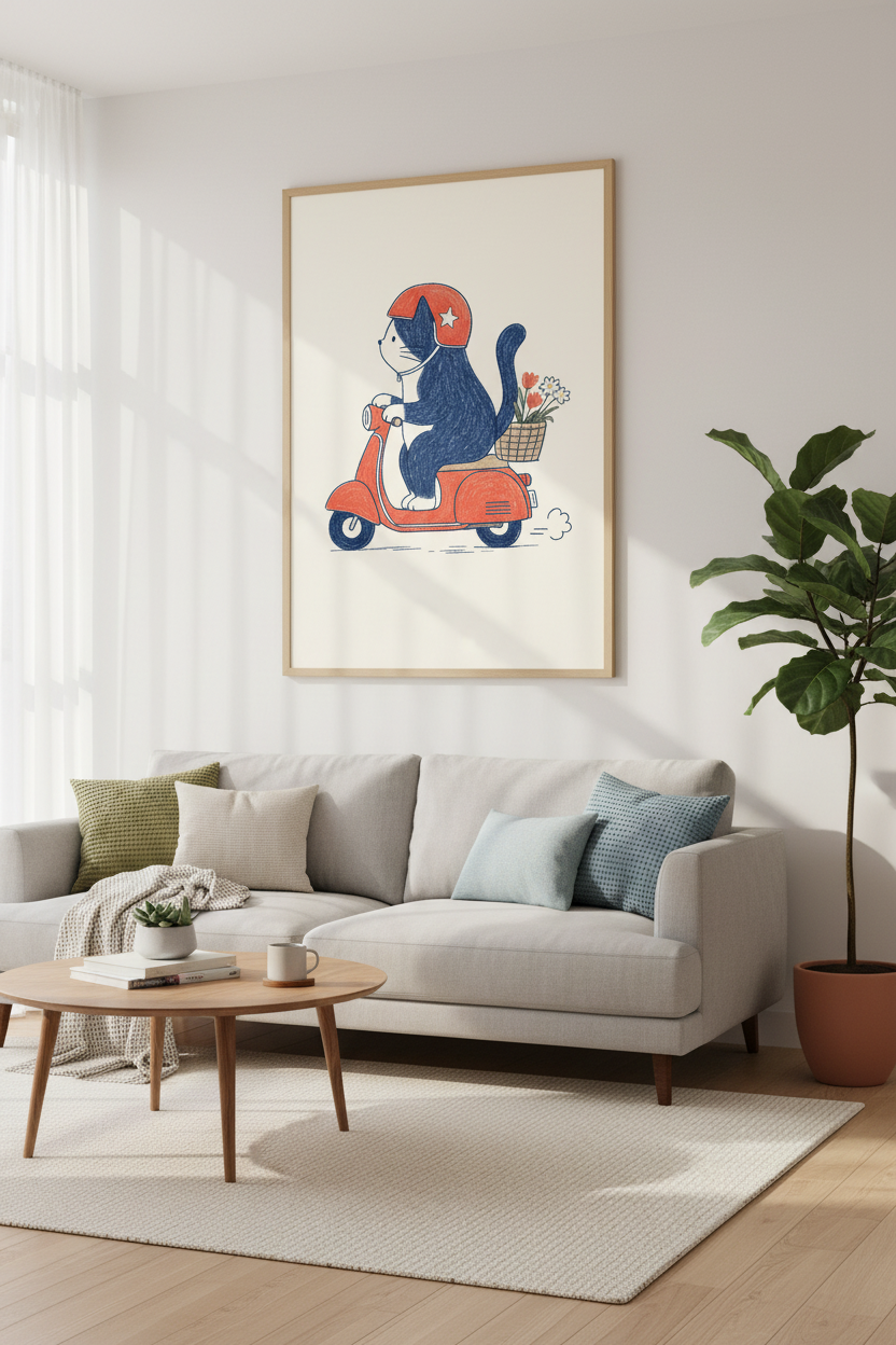 Cat on Scooter Art Print | Nursery &amp; Kids Room Decor | Cute Whimsical Poster