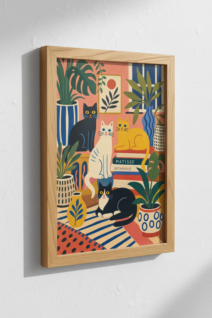 Whimsical Folk Art Cats Poster | Colorful Botanical Wall Art, Eclectic Living Room Decor