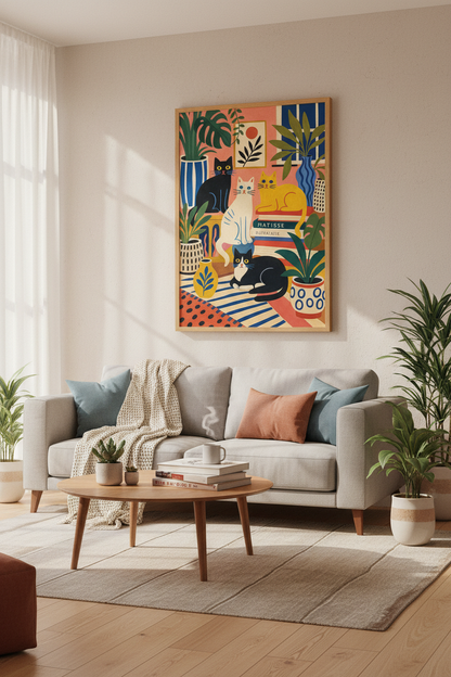 Whimsical Folk Art Cats Poster | Colorful Botanical Wall Art, Eclectic Living Room Decor