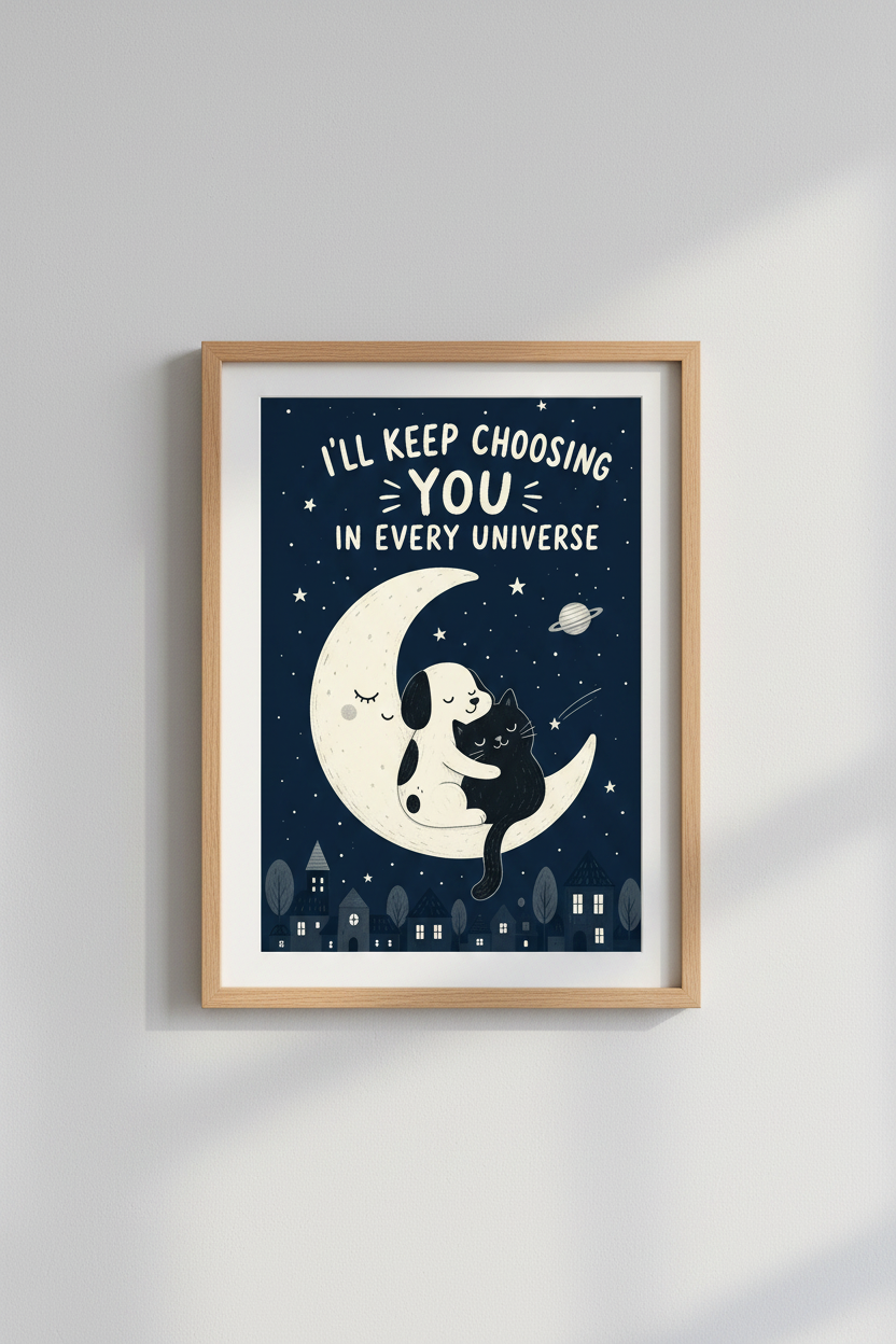 Animal Wall Art | Moonlit Duo Illustration, Cozy Living Room Decor | Night Sky Poster