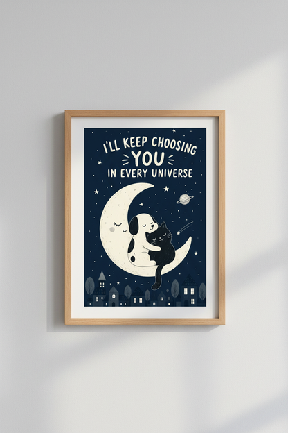 Animal Wall Art | Moonlit Duo Illustration, Cozy Living Room Decor | Night Sky Poster