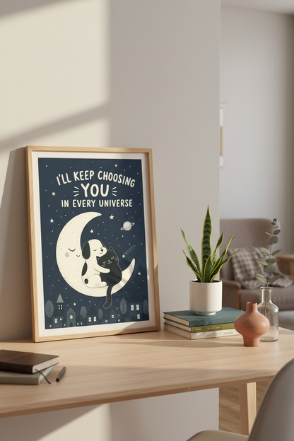 Animal Wall Art | Moonlit Duo Illustration, Cozy Living Room Decor | Night Sky Poster