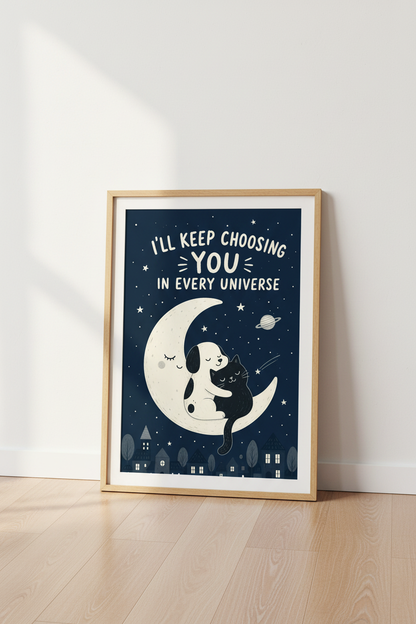Animal Wall Art | Moonlit Duo Illustration, Cozy Living Room Decor | Night Sky Poster