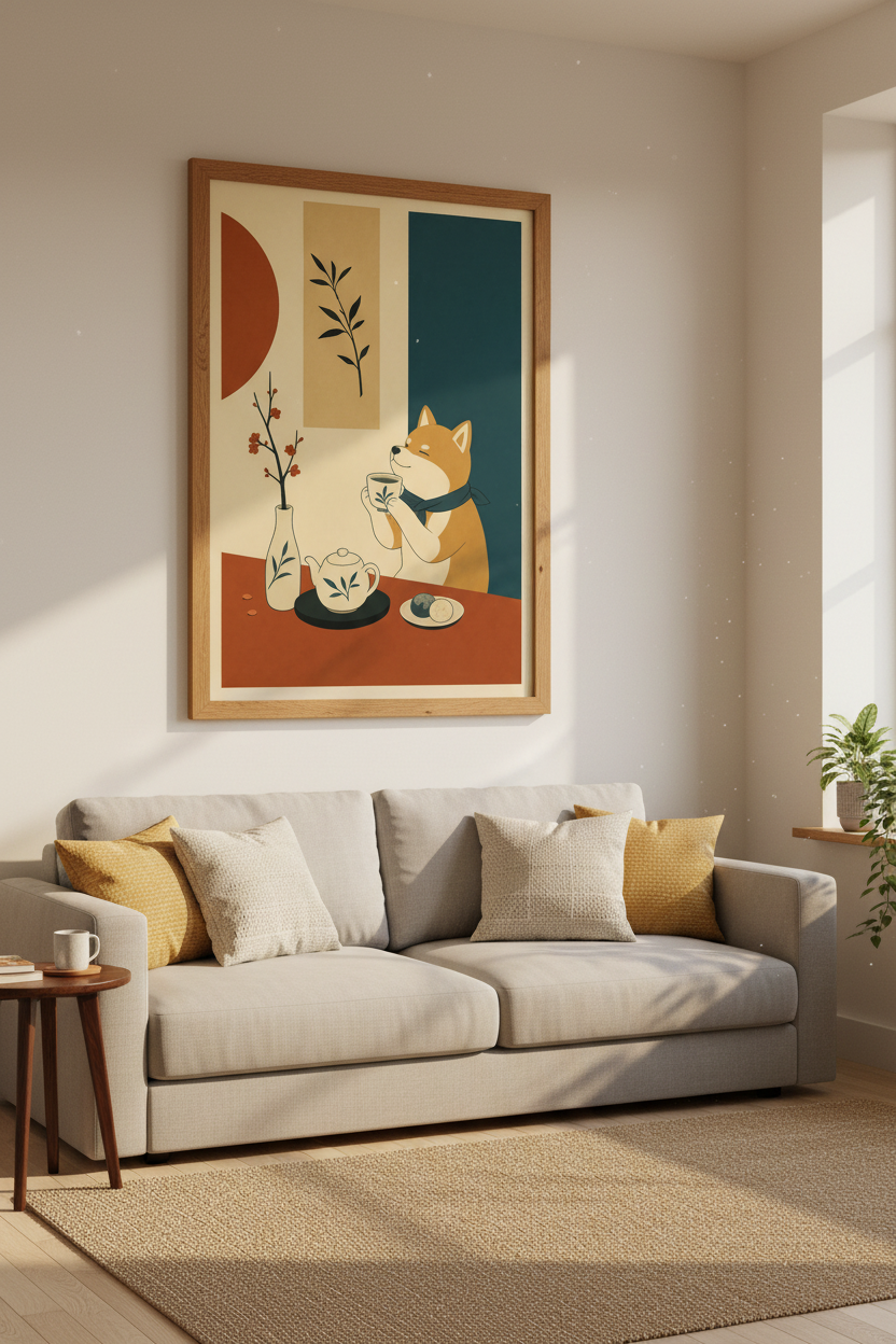 Shiba Inu Tea Print | Japanese Minimalist Boho Wall Art, Zen Kitchen Decor