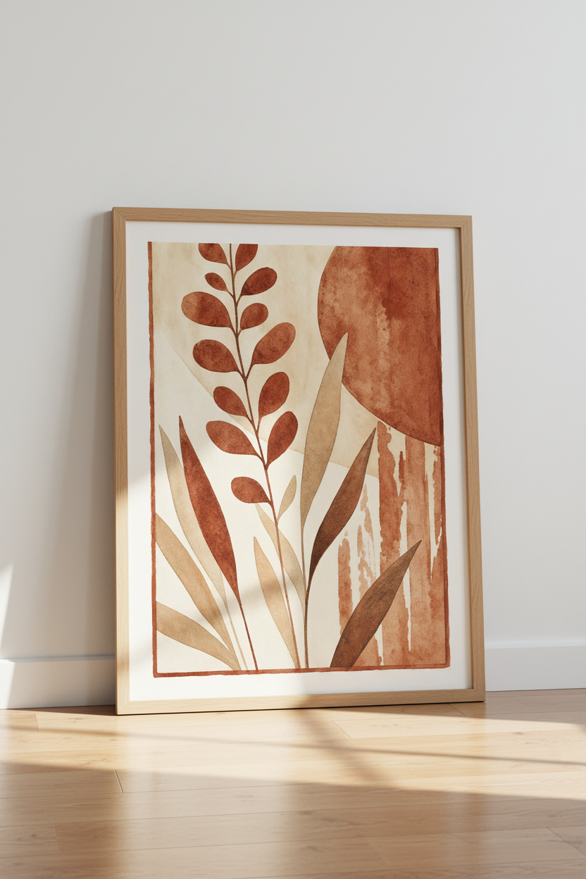 Terracotta Botanical Wall Art | Earthy Abstract Leaves, Boho Living Room Decor Poster
