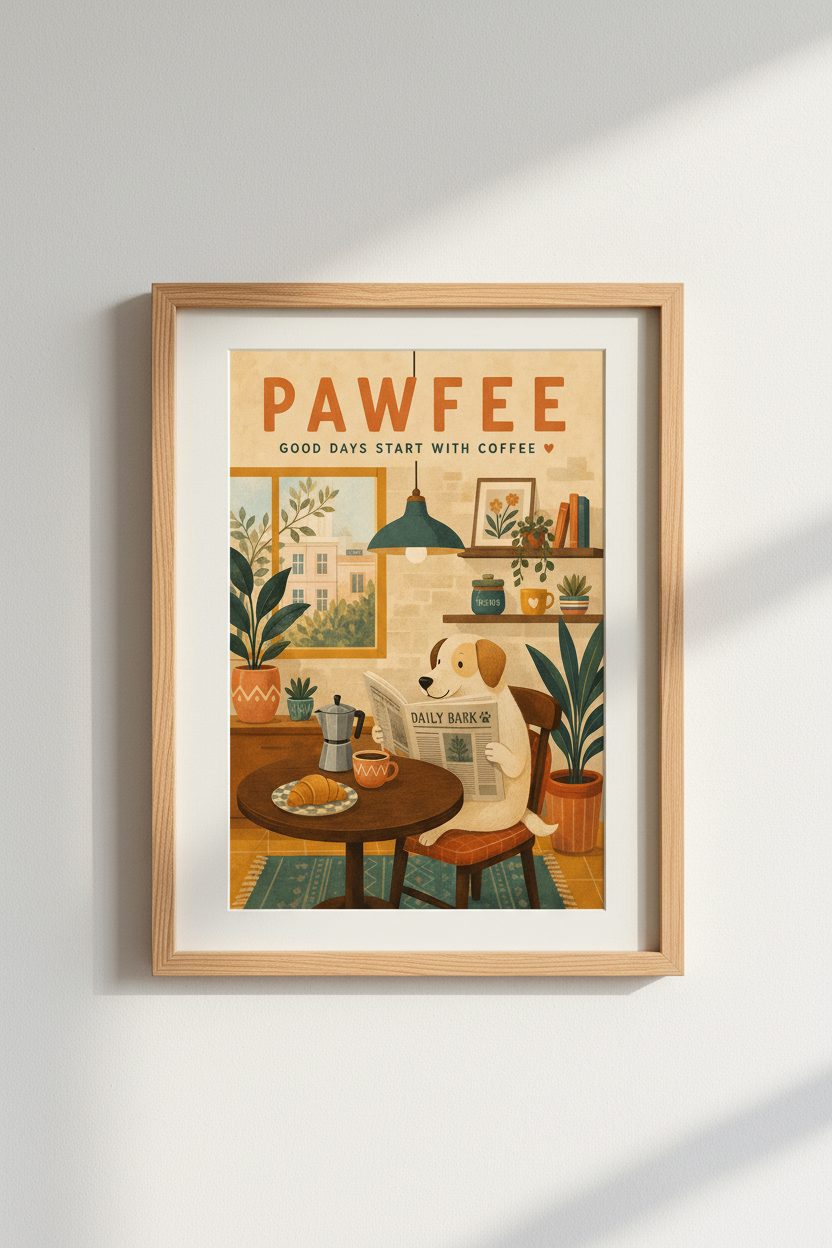 Dog Coffee Bar Art | Retro Kitchen Poster, Pet Lover Gift, Whimsical Cafe Decor