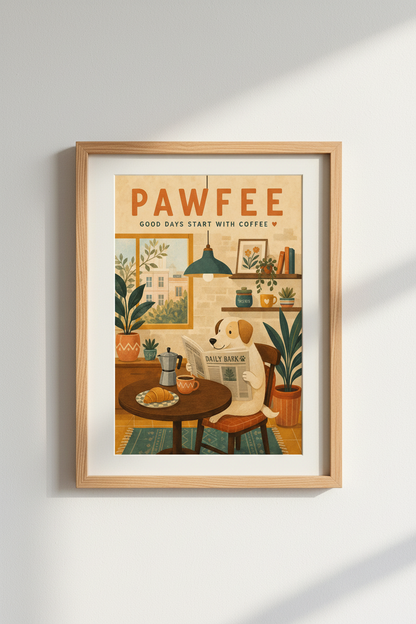 Dog Coffee Bar Art | Retro Kitchen Poster, Pet Lover Gift, Whimsical Cafe Decor